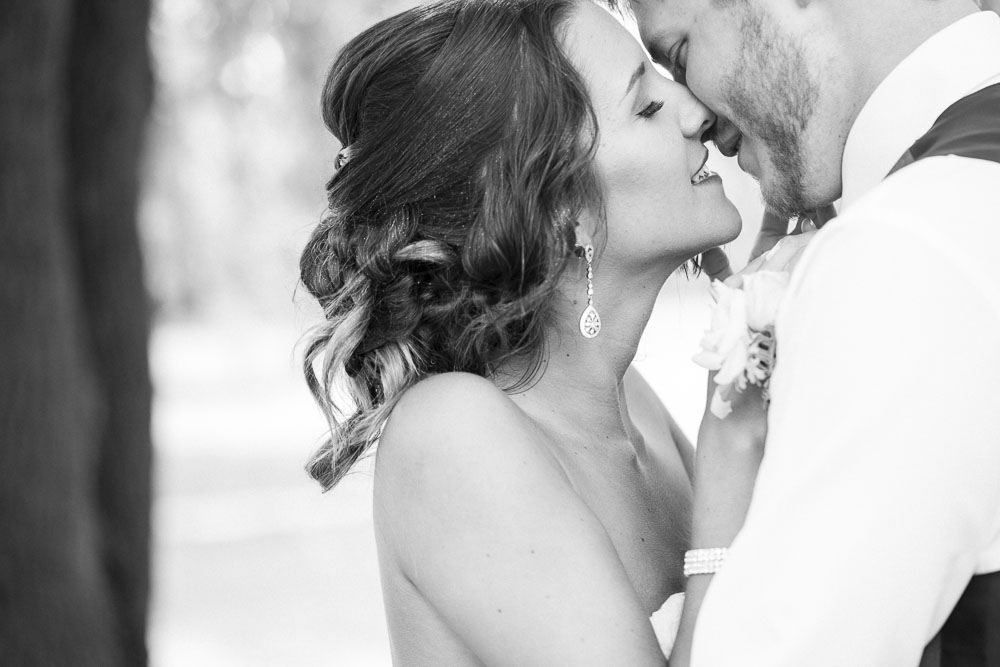 Beautiful wedding photo of a couple about to kiss