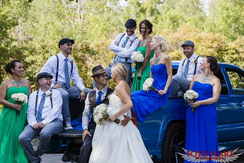 Wedding party in racing truck