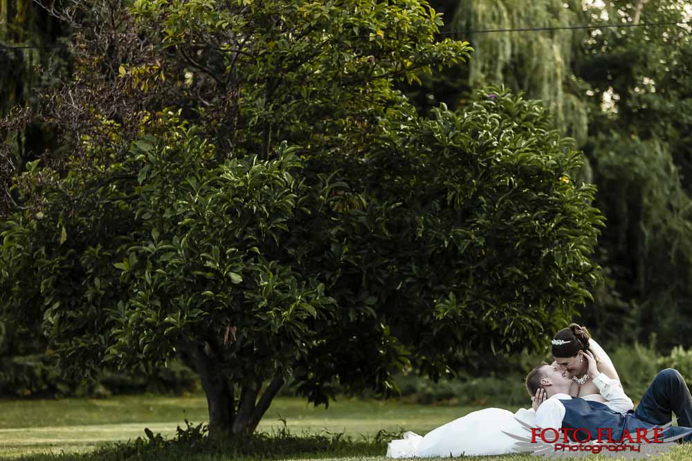 Bride and groom sitting under a tree