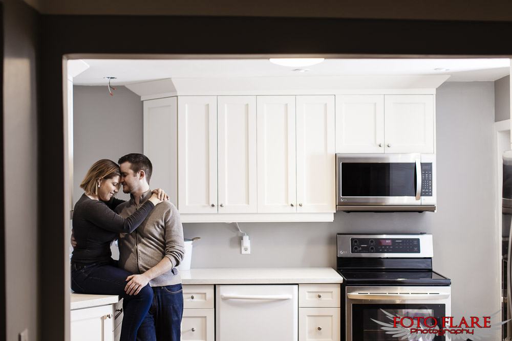 Engagement photo in a kitchen