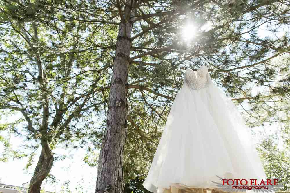 Wedding dress hanging in tree